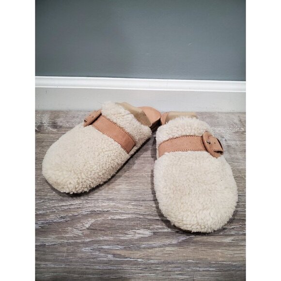 J. Crew Brown/Cream Sherpa Lined Buckle Clog Slippers Sz 5M Buckle Comfort - Picture 1 of 12